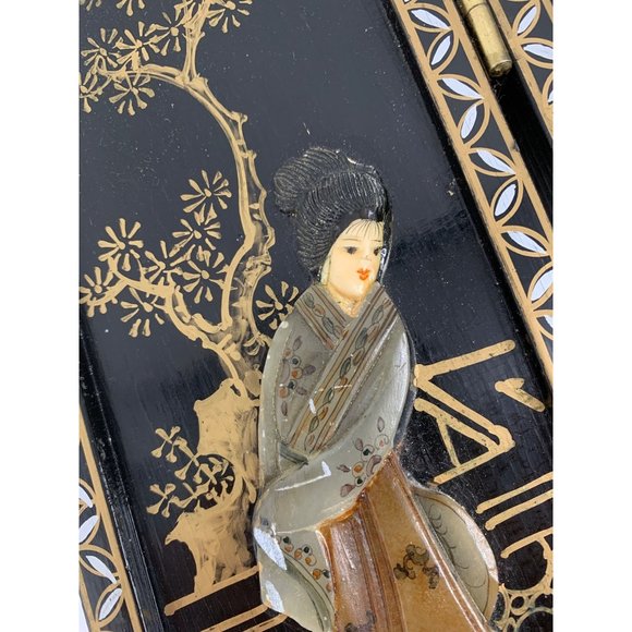 VTG Mini Two Panel Japanese Relief Art Screens Byobu Geishas Decor 6768 - Picture 4 of 16